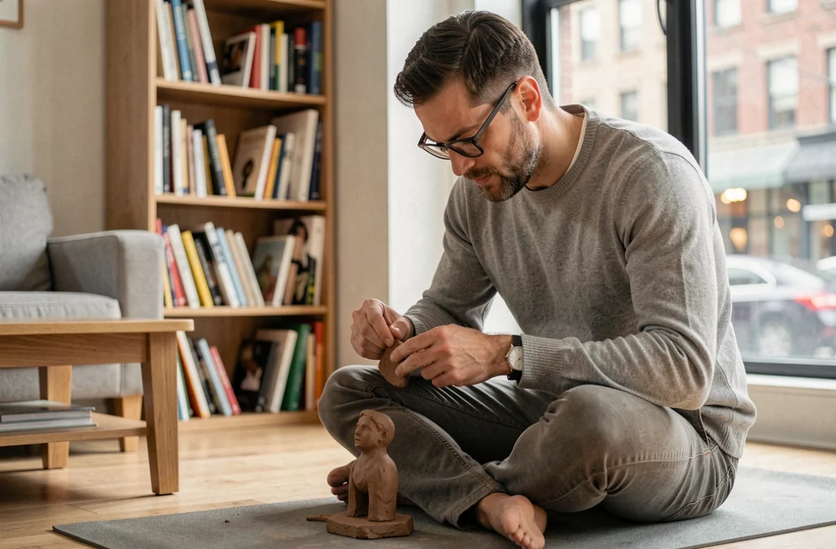Homme adulte introverti modelant une sculpture en argile seul dans un salon cosy, activité créative manuelle pour surmonter la timidité et s'exprimer sans jugement