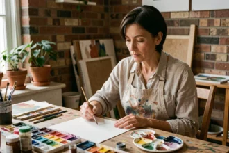 Femme adulte timide assise seule à une table d'atelier avec des aquarelles, hésitant à commencer une création artistique dans une ambiance chaleureuse et intimiste