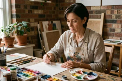 Femme adulte timide assise seule à une table d'atelier avec des aquarelles, hésitant à commencer une création artistique dans une ambiance chaleureuse et intimiste