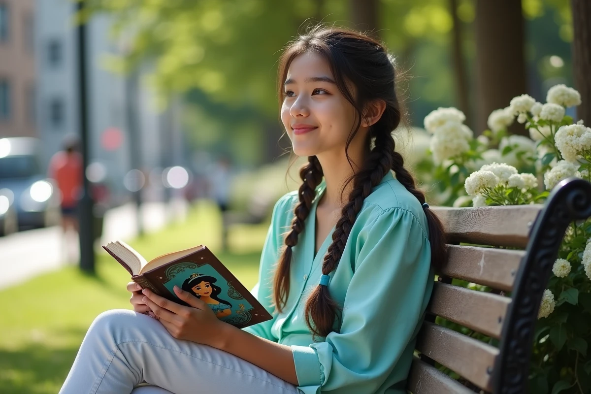 Adolescente lisant un livre avec Jasmine en extérieur