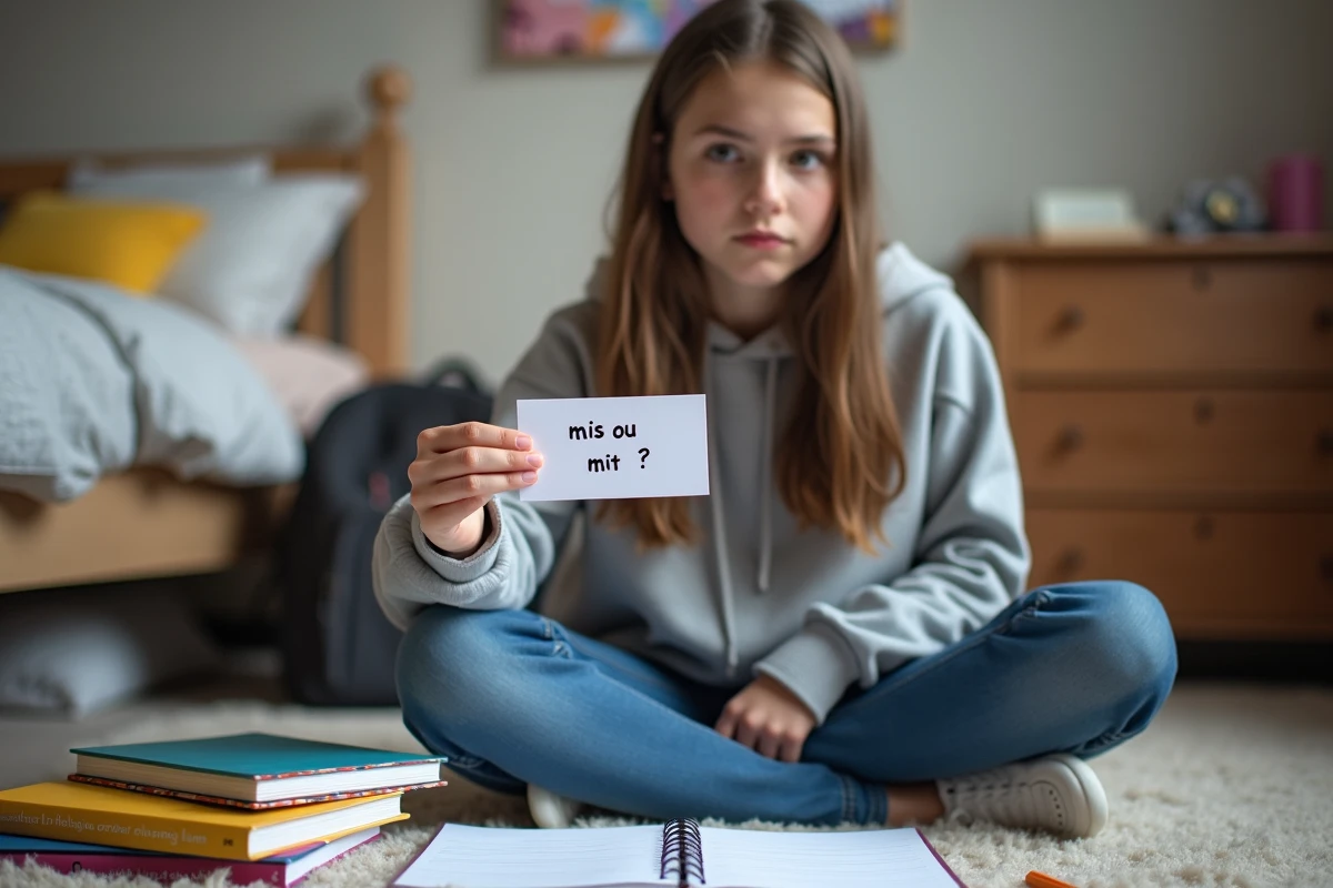 Adolescente étudiant la règle orthographique du participe passé mis avec des fiches de révision manuscrites sur le sol