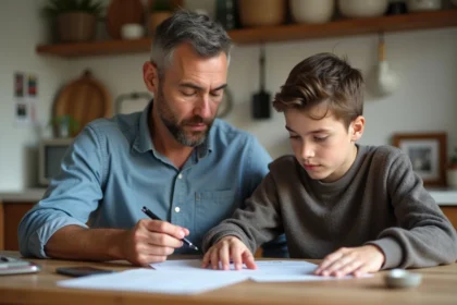 Adulte et adolescent discutent autour d'un papier à la cuisine
