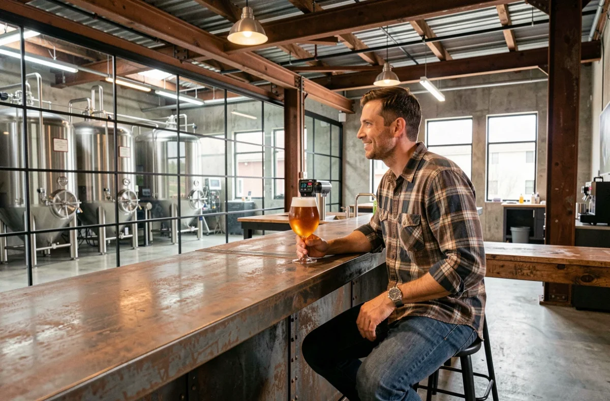 Client savourant une bière artisanale à l'AERoFAB Taproom avec des cuves de fermentation en arrière-plan