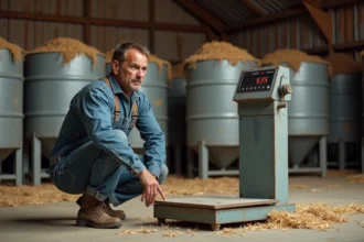 Agriculteur lisant une balance industrielle pour convertir des quintaux en tonnes dans un entrepôt agricole