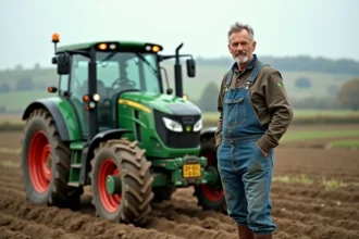 Agriculteur français examinant un tracteur compact dans un champ labouré, matériels agricoles Simagri France 3