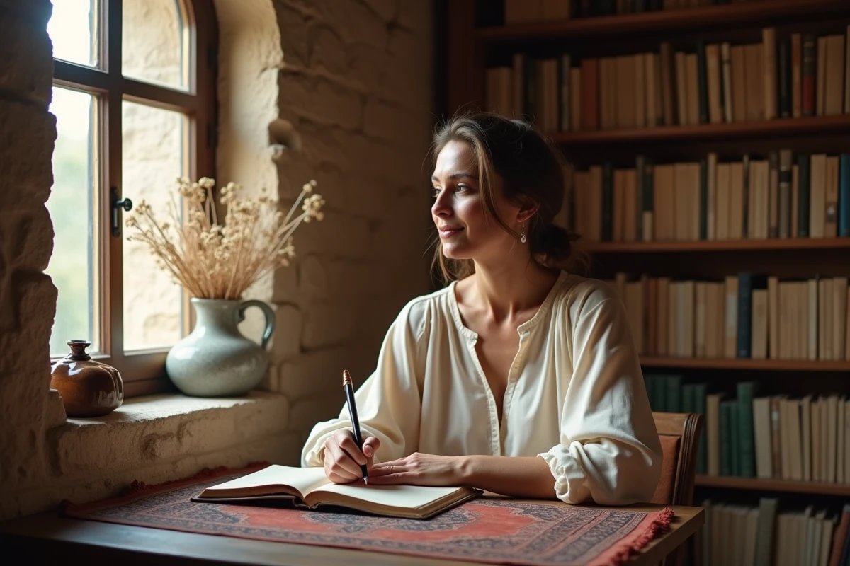 Femme seule écrivant dans un journal intime dans une pièce en pierre, symbolisant la quête spirituelle de l'âme sœur intérieure