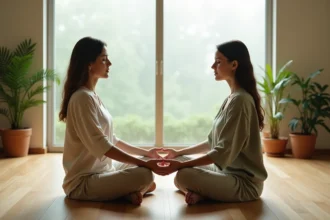 Deux femmes en méditation face à face sur un plancher en bois, symbolisant une connexion spirituelle profonde au-delà du couple