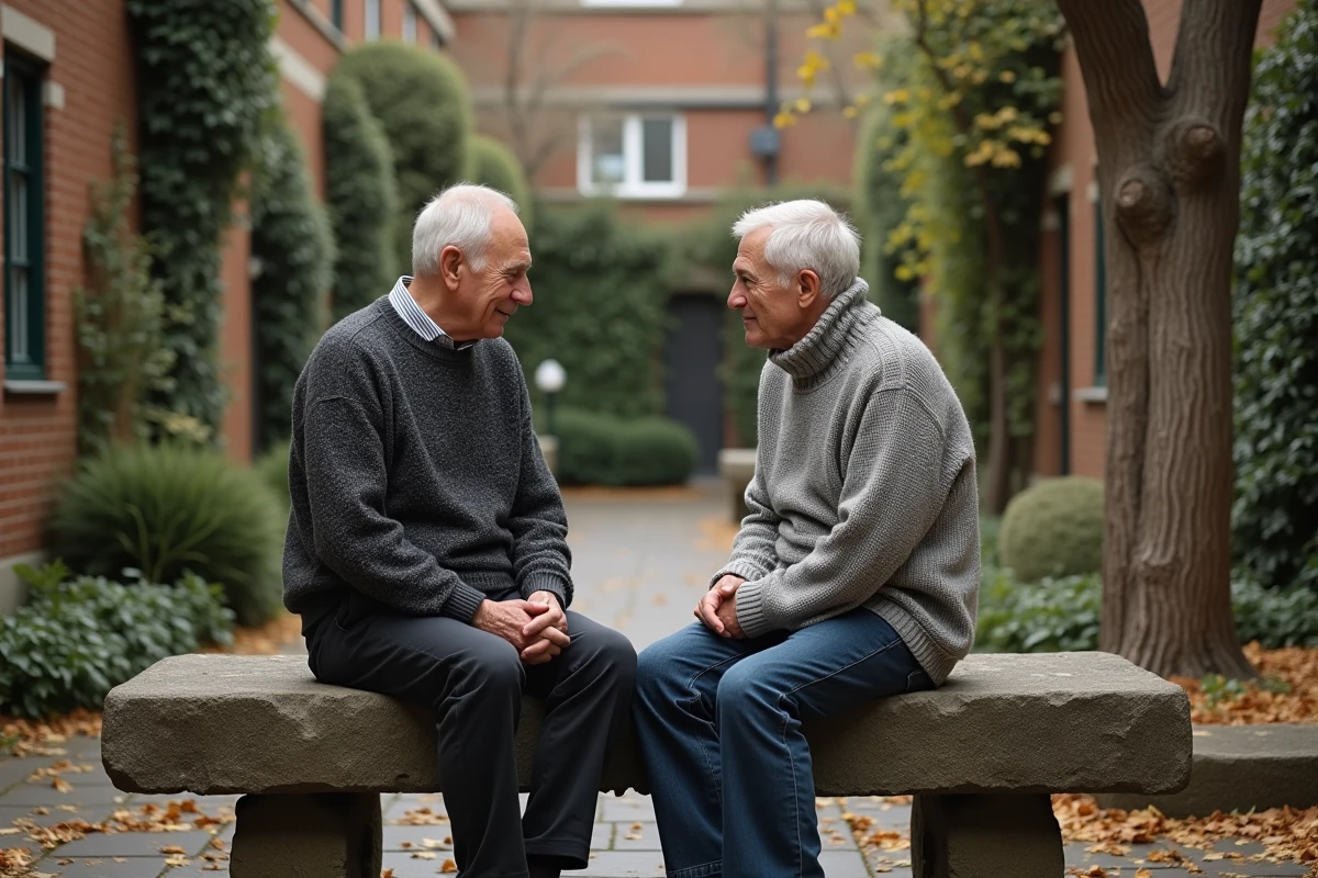 Deux hommes de générations différentes en conversation profonde dans un jardin urbain en automne, illustrant le lien spirituel d'âme sœur entre amis