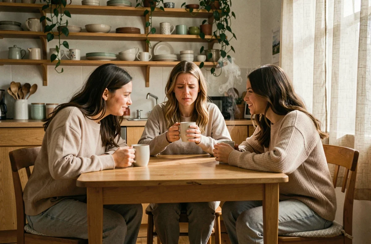 Trois amies autour d'une table de cuisine avec des tasses de thé, partageant un moment d'écoute et de soutien émotionnel