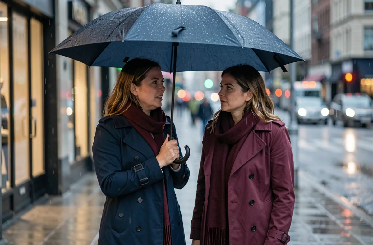 Deux amies marchant sous un parapluie sur un trottoir mouillé en ville, partageant une conversation intime et sincère