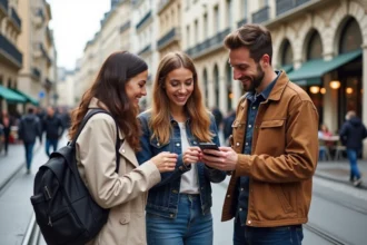 Trois amis souriants sur une rue de Bordeaux
