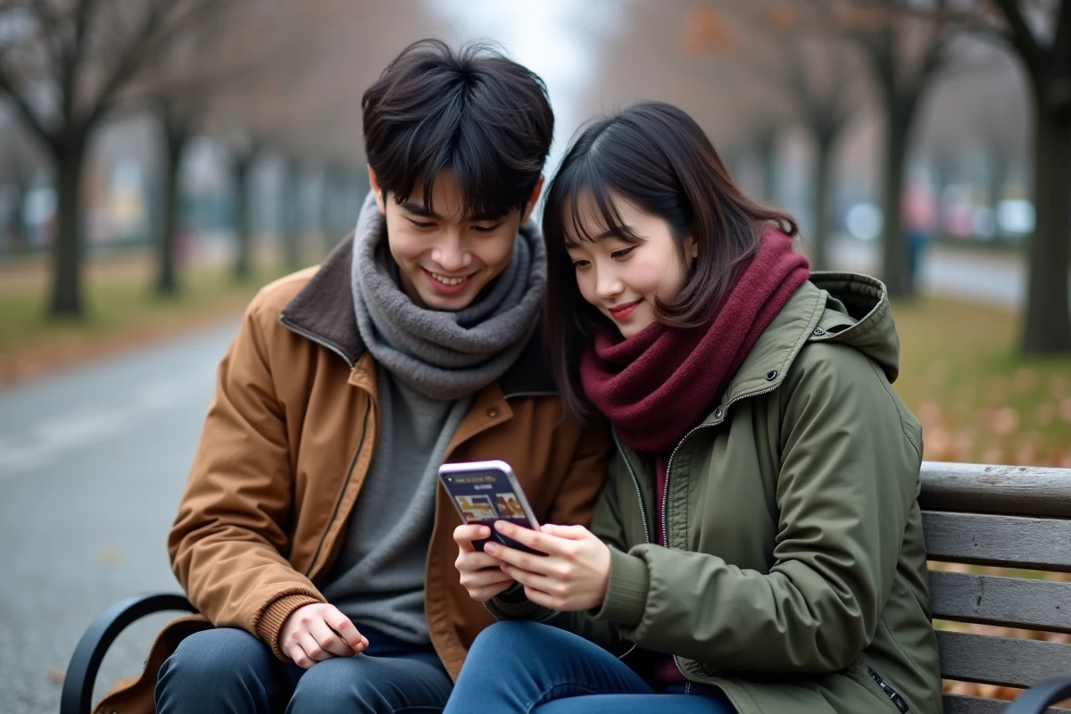 Deux amis découvrant ensemble une application de lecture de manga sur smartphone dans un parc en automne