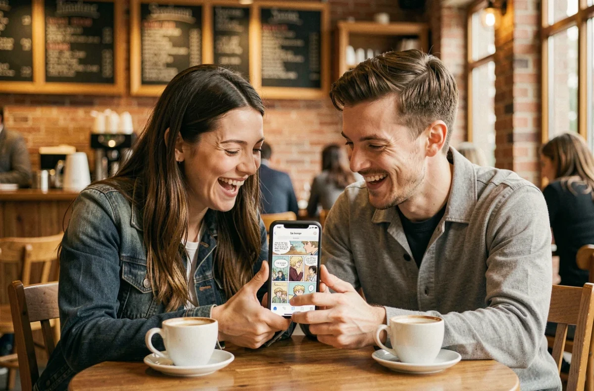 Deux amis partageant un webtoon sur smartphone dans un café, souriant devant un chapitre de manhwa