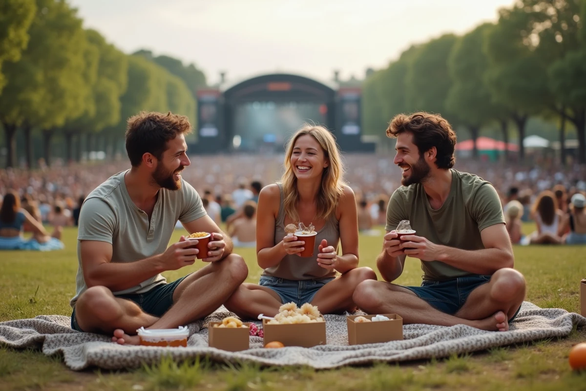 Groupe d'amis profitant d'un pique-nique économique lors d'un festival musical à Lyon