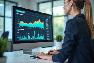 Femme d'affaires analysant un tableau de bord satisfaction client