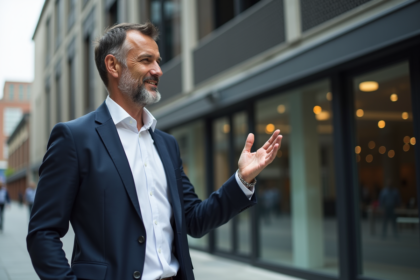 Architecte homme en blazer devant façade moderne