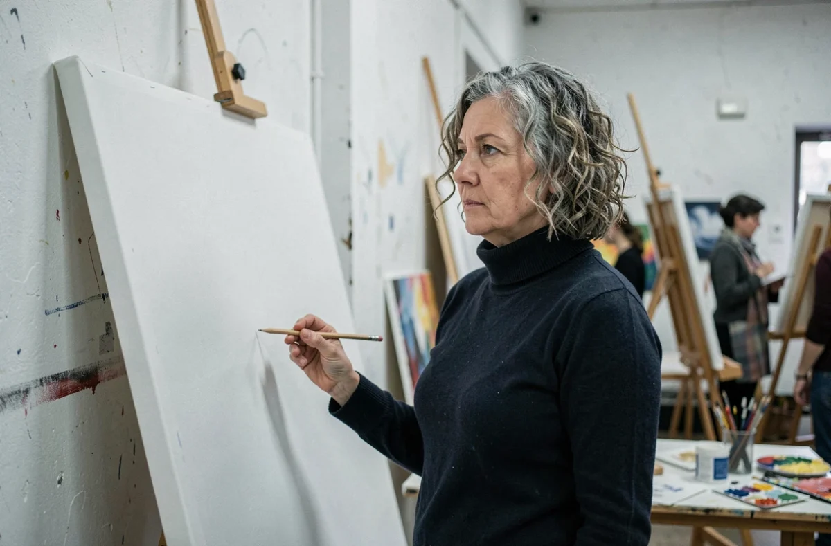 Femme adulte d'âge mûr debout face à une toile vierge dans un atelier d'art communautaire, exprimant la vulnérabilité et le courage de créer sans se juger