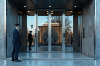 Entrée d'une banque française moderne avec garde et portes blindées