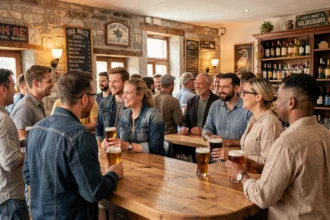 Ambiance animée dans un bar de Loire-Atlantique avec des clients attablés autour de verres de bières artisanales