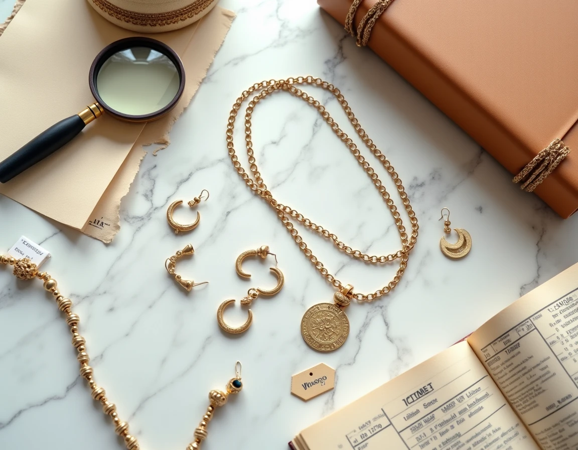 Vue à plat de plusieurs bijoux en or de provenances étrangères avec étiquettes de pays d'origine, loupe et documents douaniers sur marbre blanc