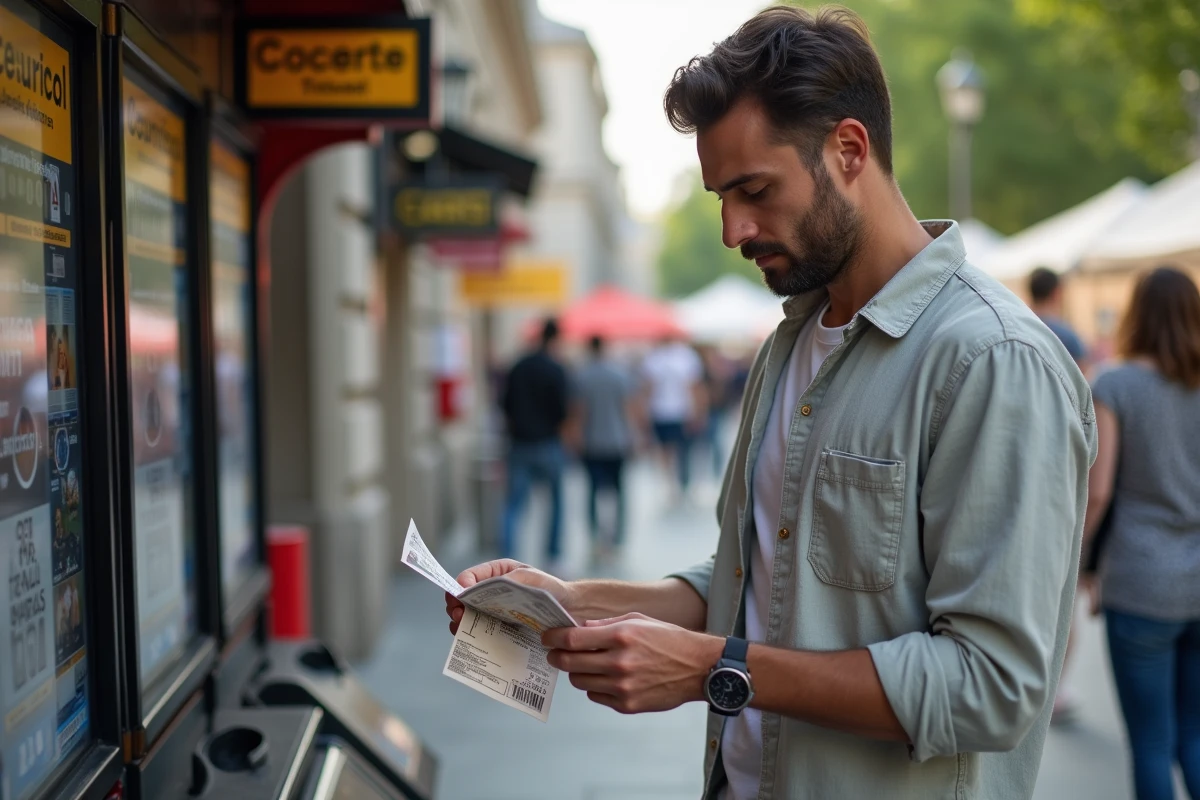 Homme comparant les prix des billets à l'entrée d'une salle de concert à Lyon