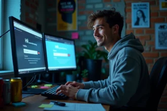 Jeune homme souriant devant un ordinateur affichant un site d'enregistrement de nom de domaine avec une URL humoristique