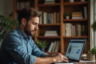 Blogueur d'actualité travaillant sur son blog depuis un bureau à domicile entouré de livres et journaux