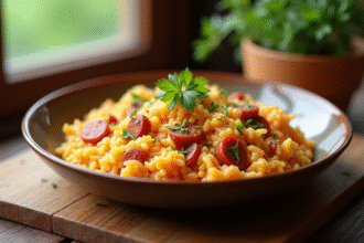 Bol de risotto au chorizo sur table en bois