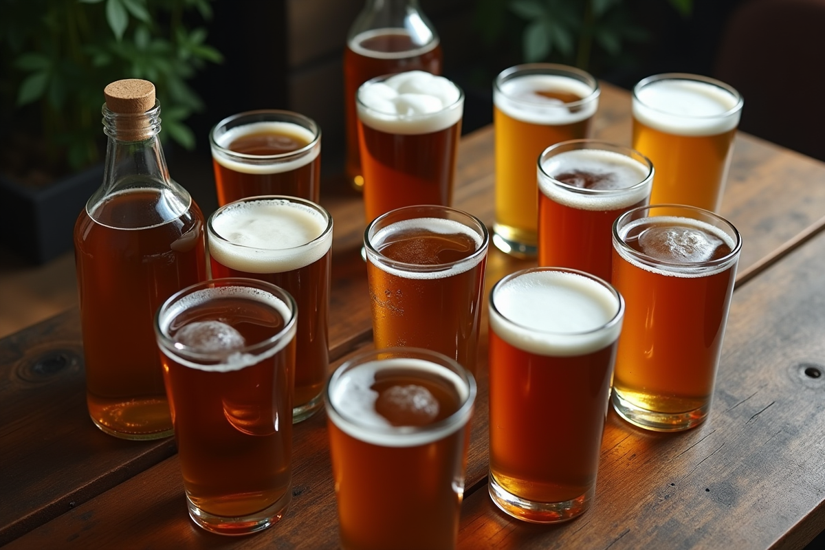 Bouteilles et verres de bières variées sur table en bois