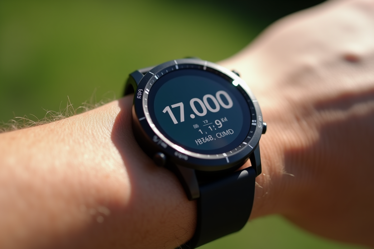 Montre connectee affichant 17000 pas en plein air