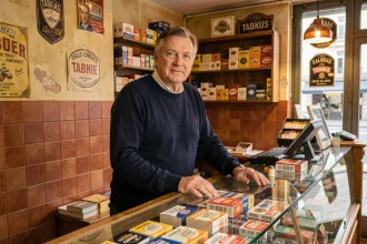 Buraliste derrière le comptoir d'un bureau de tabac parisien traditionnel avec présentoir de cigarettes et cartes à gratter