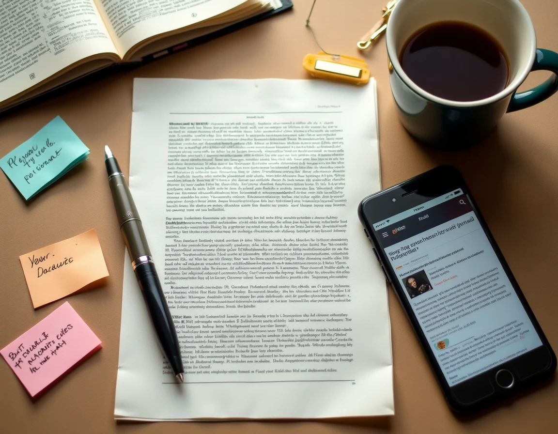 Bureau de journaliste avec articles de blog imprimés, annotations manuscrites et smartphone affichant un fil d'actualités
