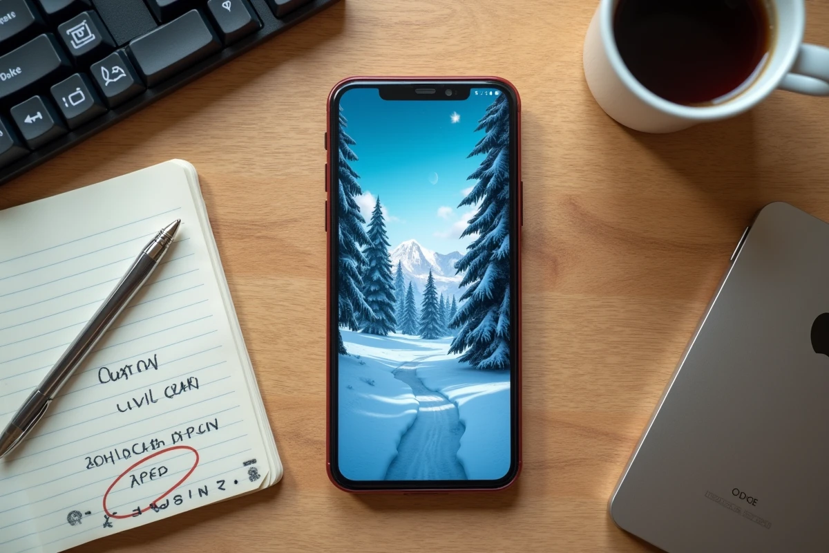 Vue aérienne d'un bureau avec smartphone affichant un écran de saisie de code promotionnel pour un jeu de survie