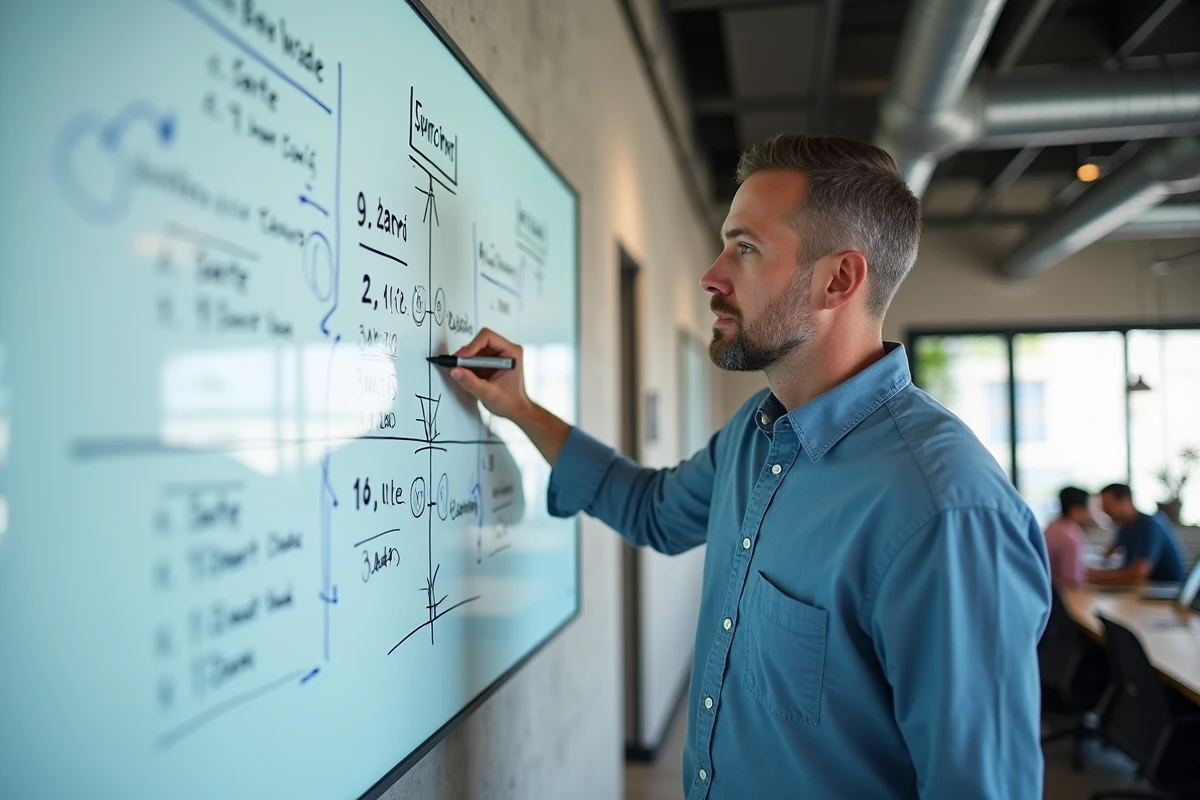 Homme debout devant un tableau blanc avec des calculs de durées et de dates en entreprise