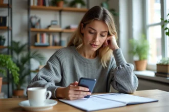 Femme consultant un calendrier papier et un smartphone pour calculer le temps écoulé entre deux dates