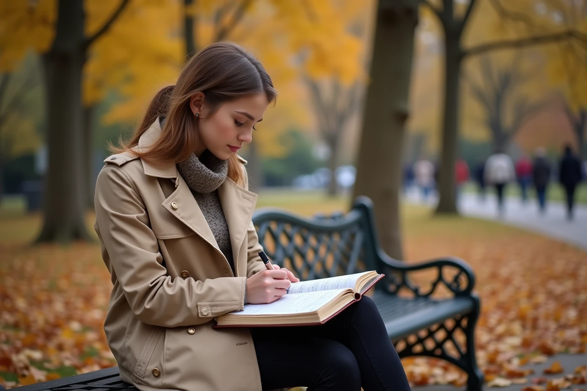 Jeune femme assise sur un banc en automne calculant des intervalles de dates dans un agenda