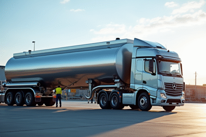 Camion tanker en acier à la station de chargement industrielle