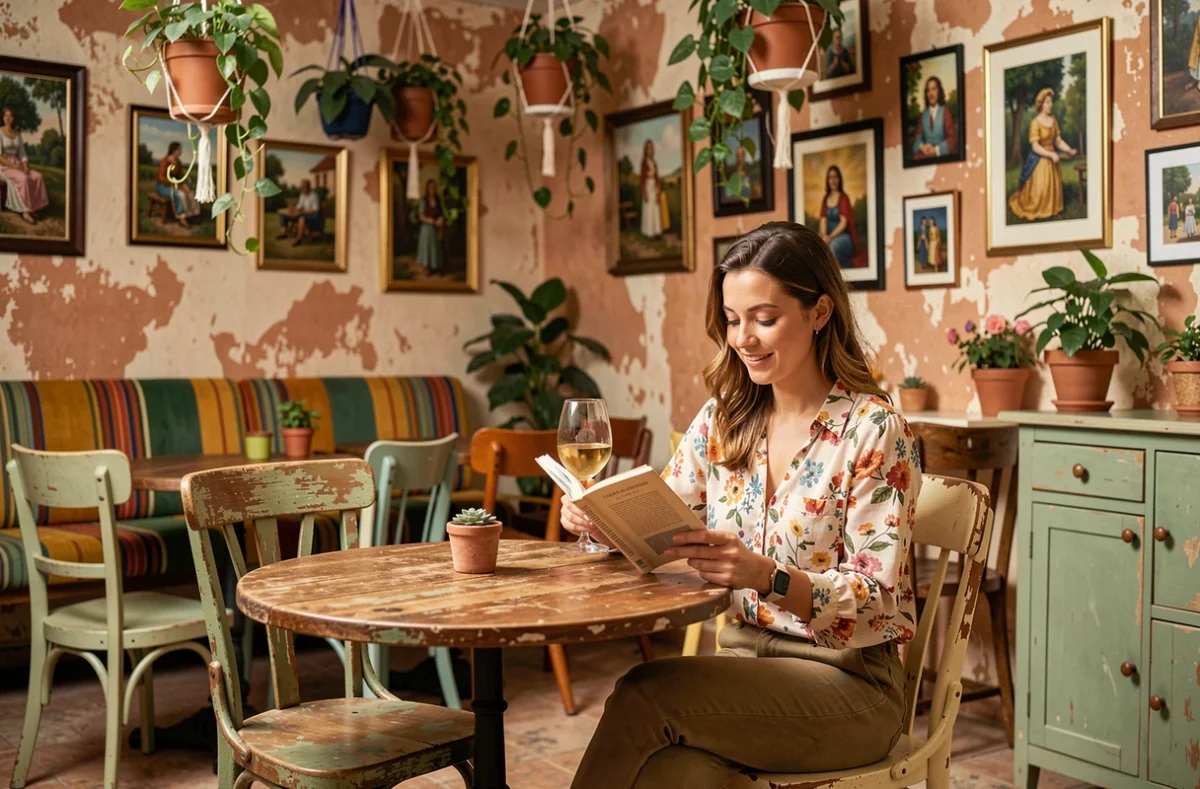 Femme lisant avec un verre de vin naturel dans l'ambiance bohème du Casaboubou