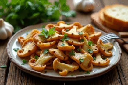 Assiette de chanterelles sautées aux herbes sur table en bois
