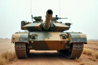 Canon de 120 mm du char Leclerc en vue frontale basse sur un terrain d'entraînement militaire