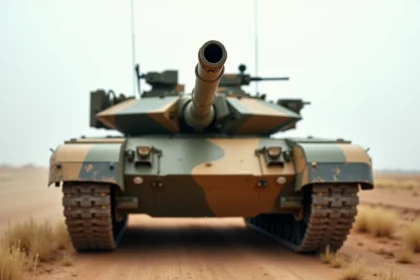 Canon de 120 mm du char Leclerc en vue frontale basse sur un terrain d'entraînement militaire