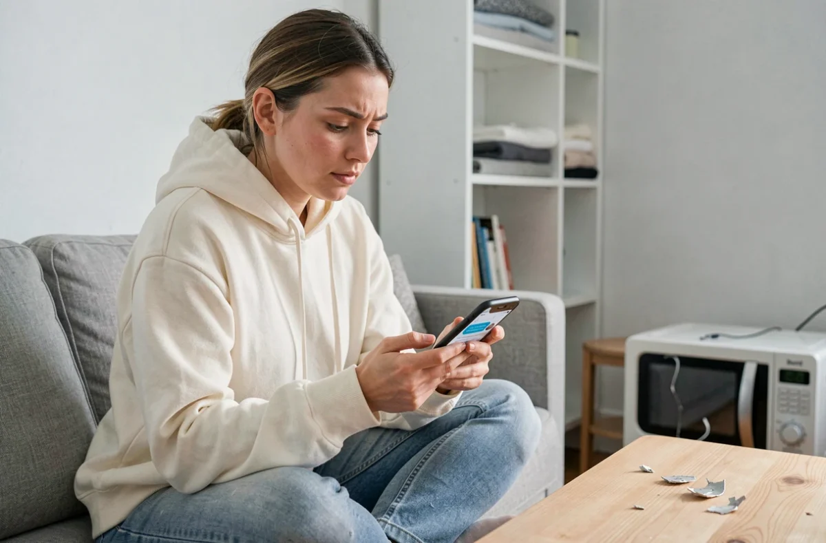 Jeune femme utilisant le chat du service client Darty sur smartphone depuis son salon, avec un appareil électroménager défectueux au sol