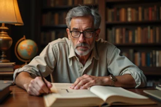 Chercheur en mythologie grecque étudiant les liens entre Hermès dieu messager et la psychologie moderne dans une bibliothèque