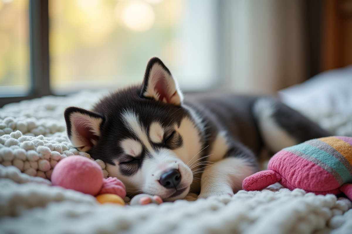 Chiot husky dormant sur une couverture cozy intérieur
