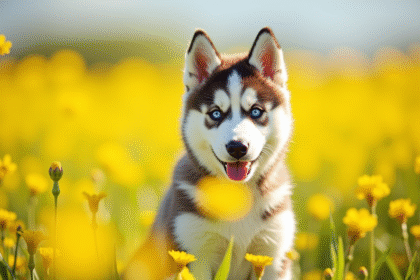 Chiot husky aux yeux bleus dans un champ ensoleille