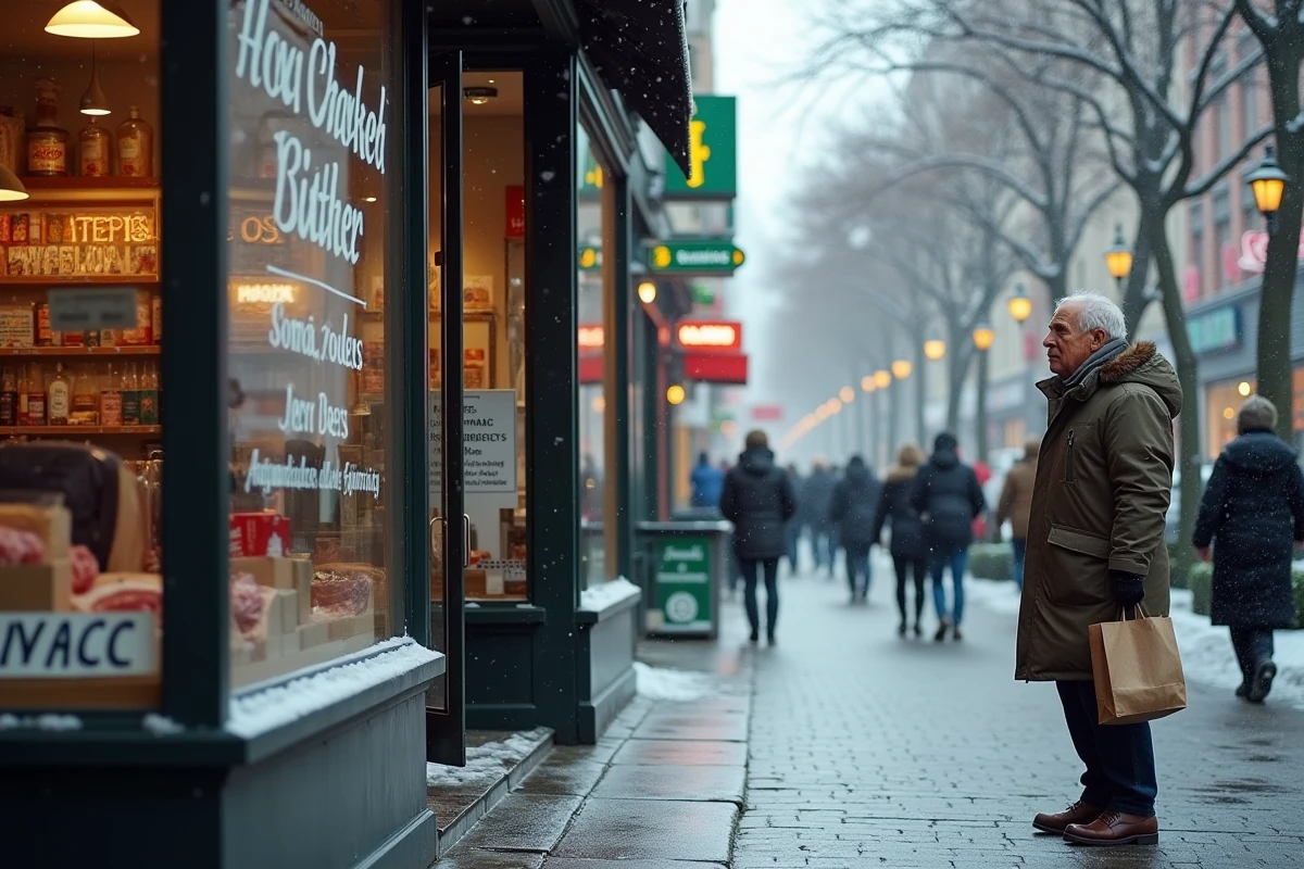 Homme hésitant devant un petit commerce artisanal et une grande enseigne commerciale ouverts le dimanche matin en décembre dans une rue commerçante