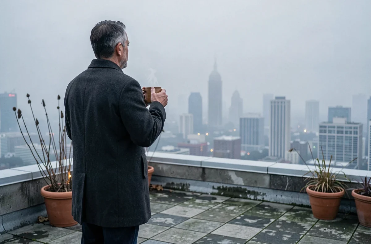 Homme contemplatif sur un toit urbain au lever du jour, symbolisant les rêves et ambitions pour 2026