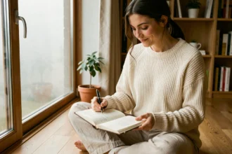 Femme écrivant des citations inspirantes dans un journal en début d'année 2026, ambiance cosy et renouveau