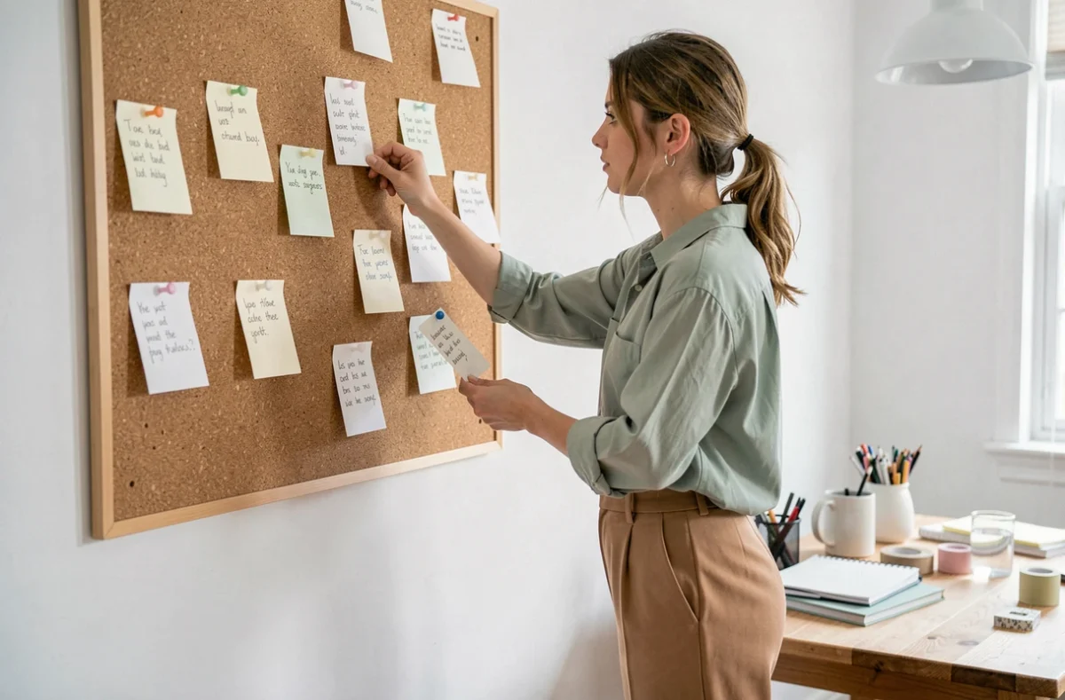 Jeune femme affichant des citations inspirantes sur un tableau en liège pour bien démarrer l'année 2026
