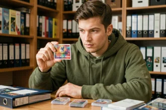 Jeune collectionneur débutant tenant une carte Pokémon rare dans ses mains à son bureau